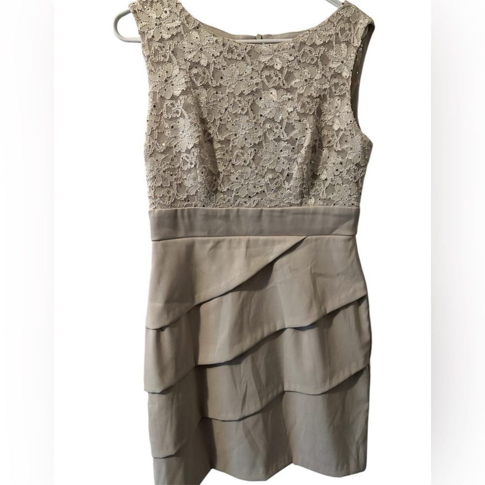 Connected Brand Champagne Colored Tier Dress With lace Gold Sequins 10 Petite